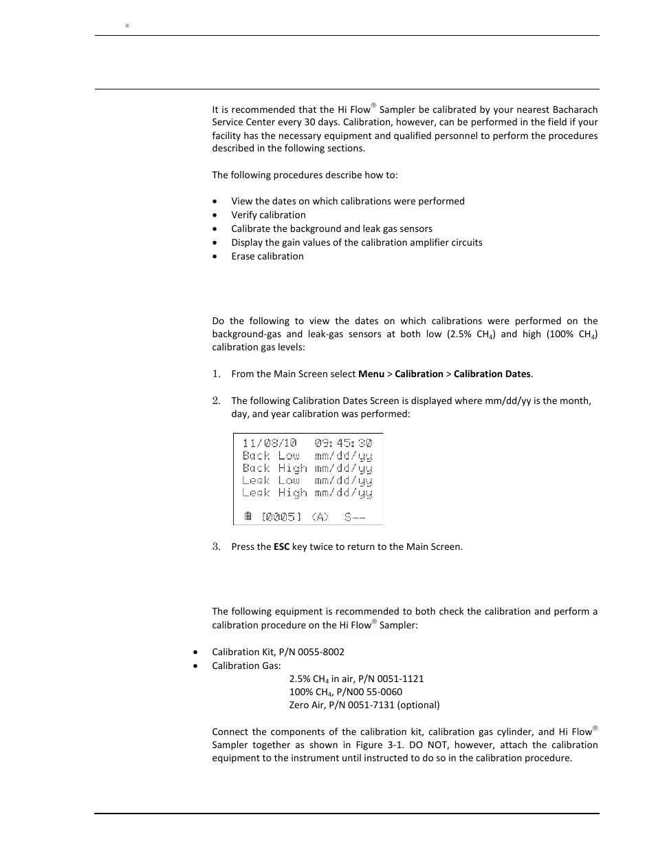 3 calibration, 1 view calibration dates, 2 gas calibration equipment setup | Calibration, View calibration dates, Gas calibration equipment setup | Heath Consultants Hi Flow Sampler User Manual | Page 39 / 62