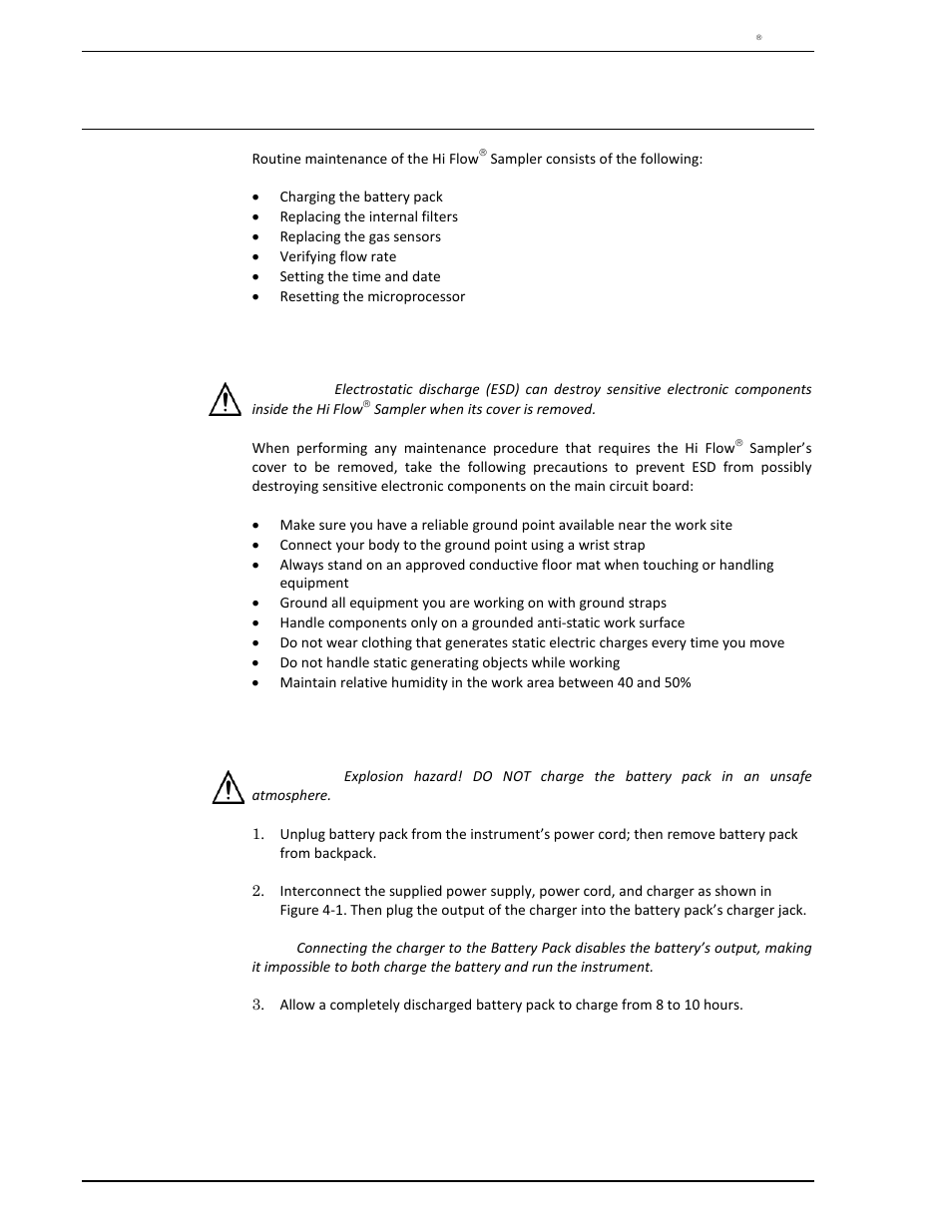 4 maintenance, 1 electrostatic discharge precautions, 2 charging the battery pack | Maintenance, Electrostatic discharge precautions, Charging the battery pack | Heath Consultants Hi Flow Sampler User Manual | Page 44 / 62