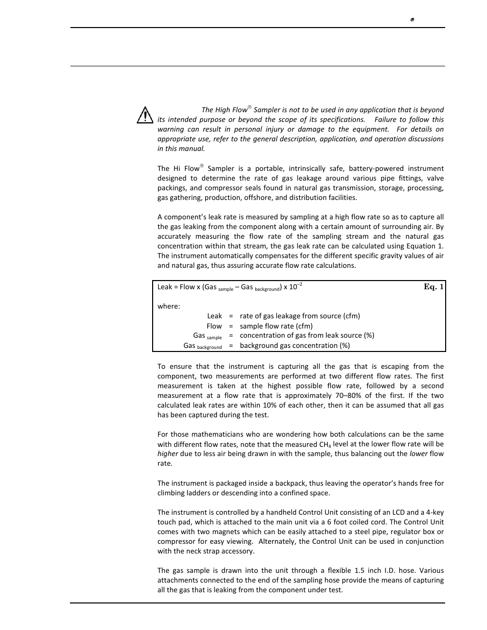 1 introduction, 1 general description and use, Introduction | General description and use | Heath Consultants Hi Flow Sampler User Manual | Page 5 / 62