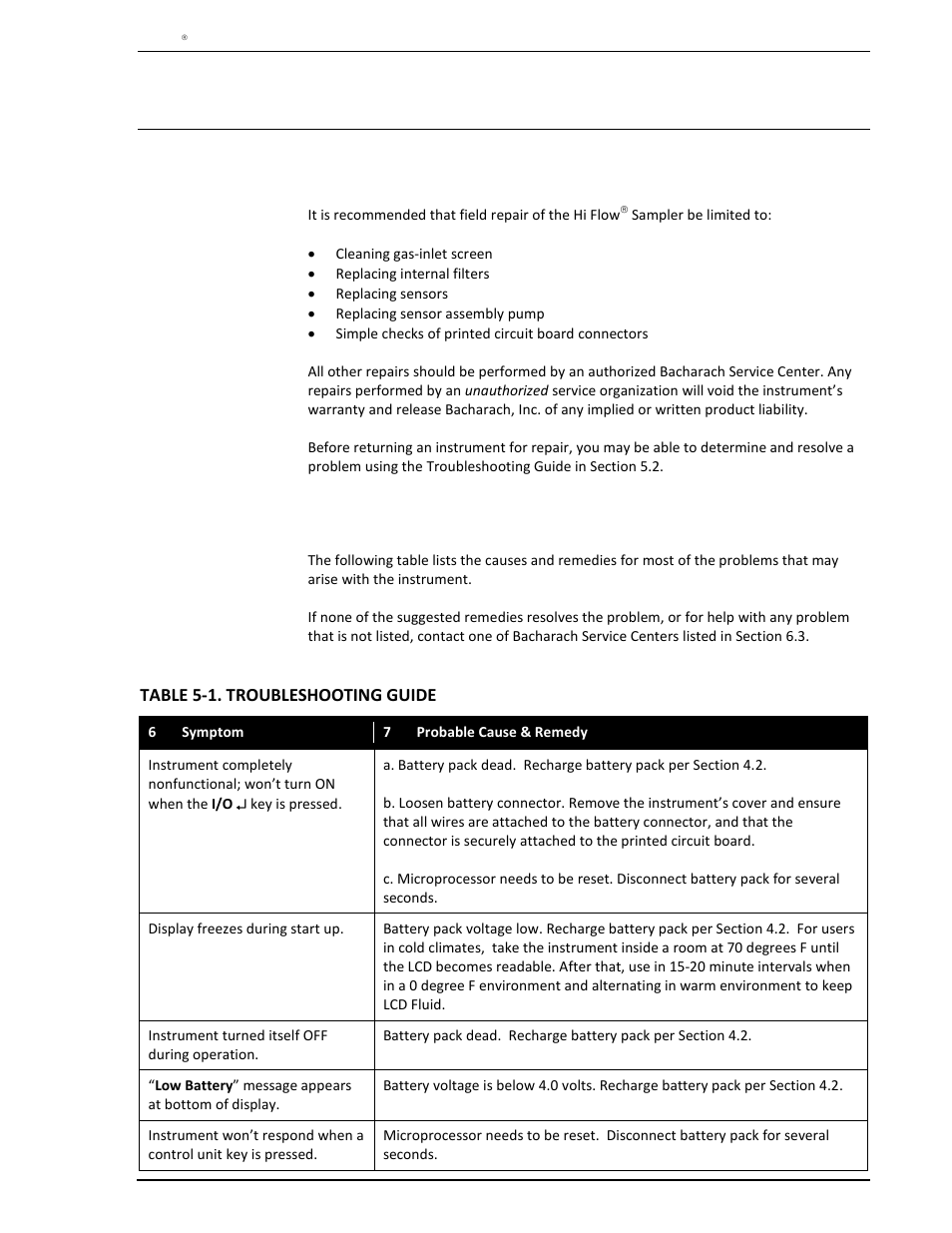 5 troubleshooting, 1 instrument repair, 2 troubleshooting guide | Troubleshooting, Instrument repair, Troubleshooting guide, N 5.2 | Heath Consultants Hi Flow Sampler User Manual | Page 55 / 62