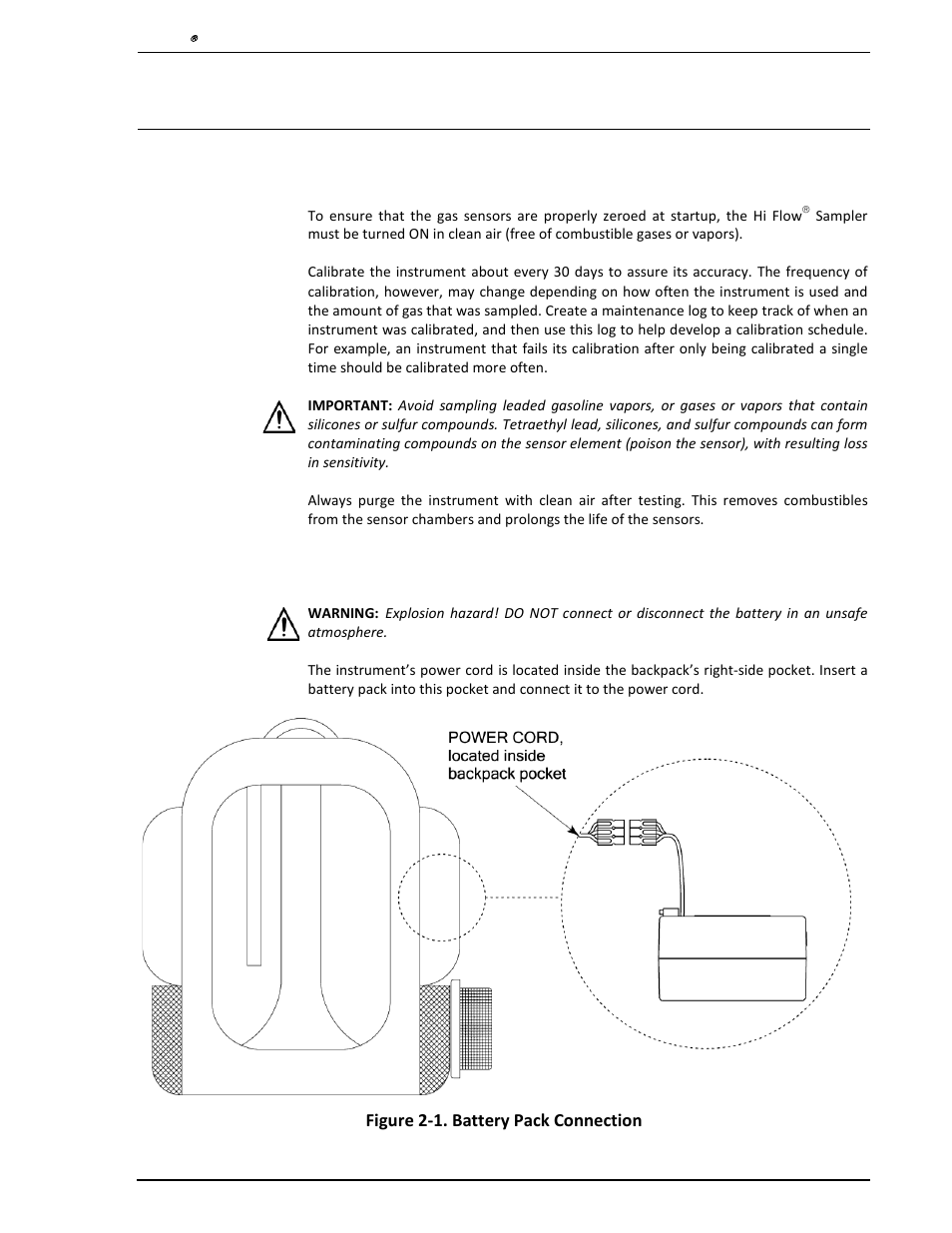 2 operation, 1 operating precautions, 2 battery connection | Operation, Battery connection | Heath Consultants Hi Flow Sampler User Manual | Page 9 / 62