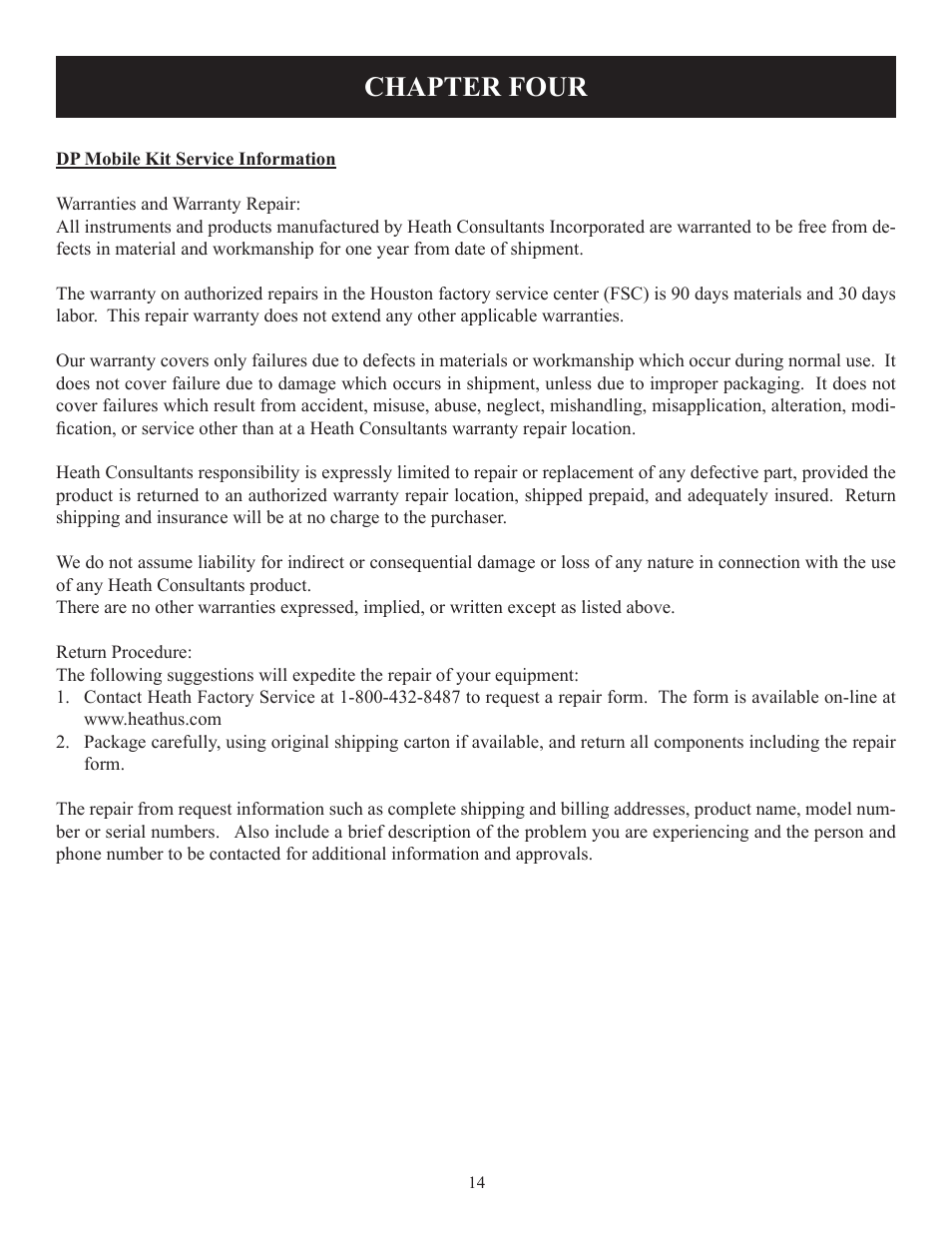 Chapter four | Heath Consultants Mobile Kits User Manual | Page 18 / 20