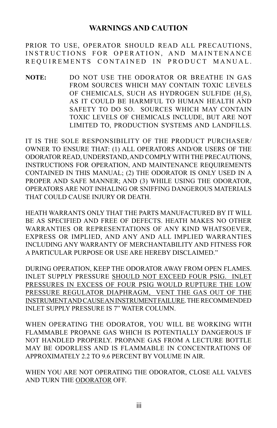 Iii warnings and caution | Heath Consultants Odorator Propane User Manual | Page 7 / 32