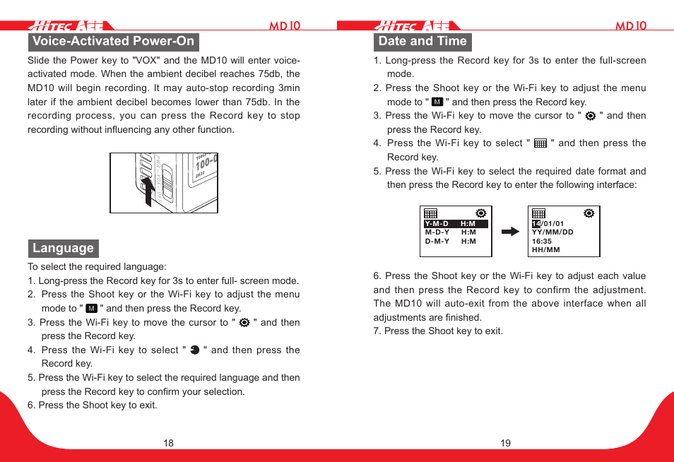 Voice-activated power-on, Language, Date and time | HITEC MD10 User Manual | Page 10 / 32