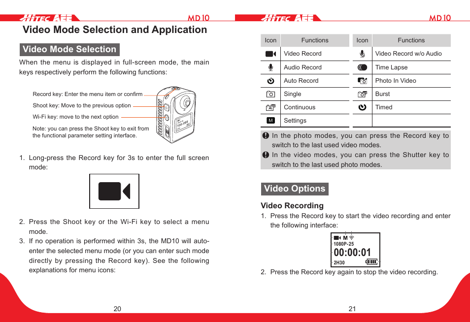 Video mode selection and application, Video mode selection, Video options | HITEC MD10 User Manual | Page 11 / 32