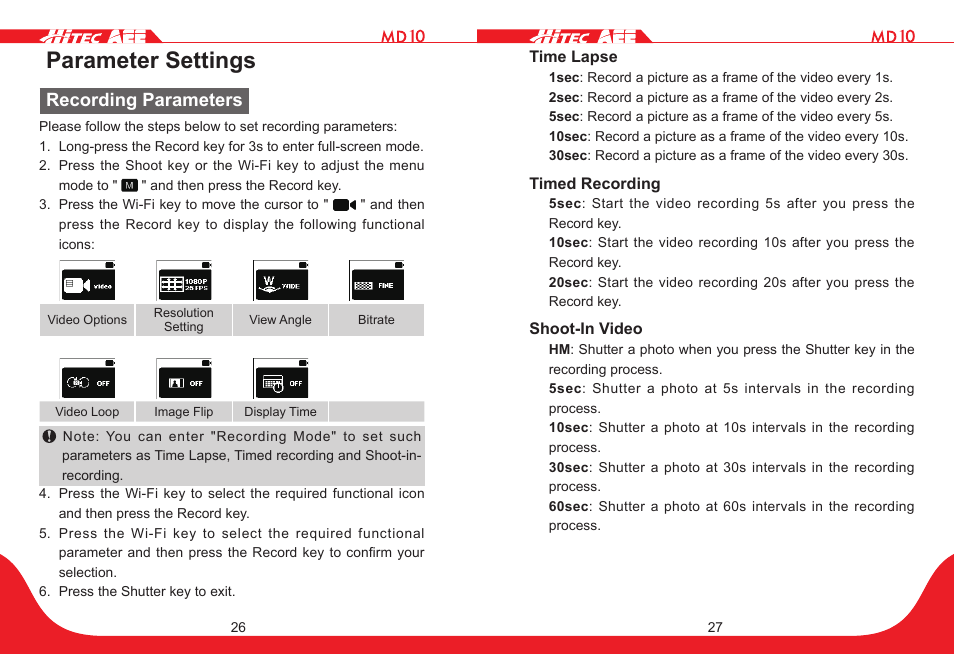 Parameter settings, Recording parameters | HITEC MD10 User Manual | Page 14 / 32