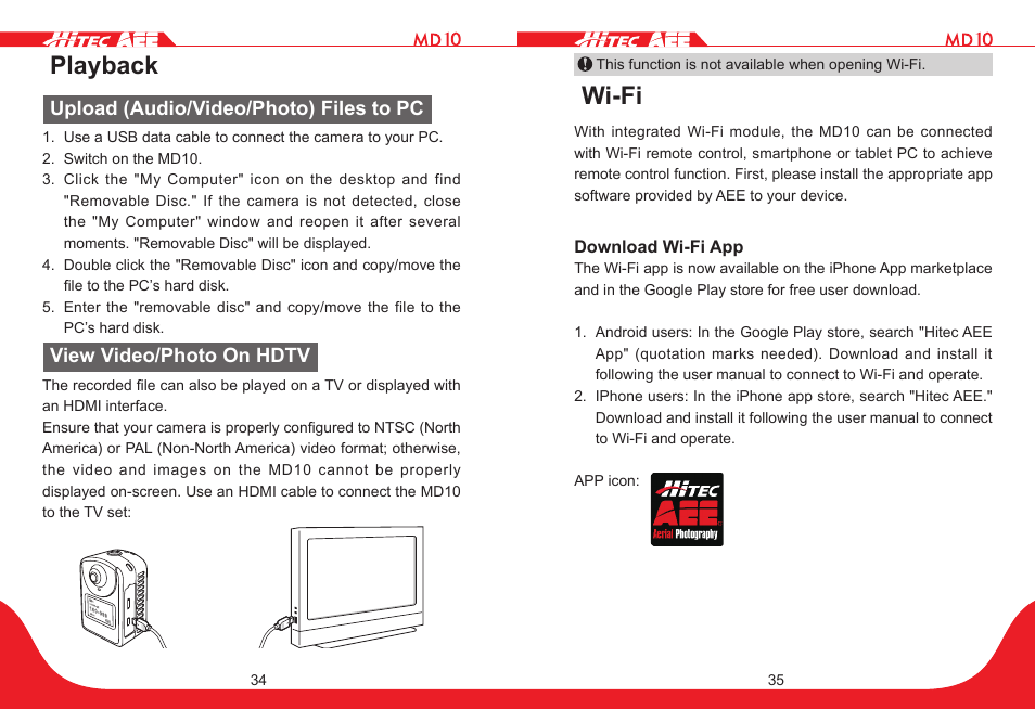 Playback, Wi-fi, Upload (audio/video/photo) files to pc | View video/photo on hdtv | HITEC MD10 User Manual | Page 18 / 32