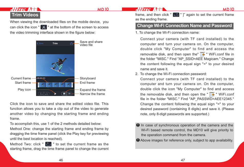Trim videos, Change wi-fi connection name and password | HITEC MD10 User Manual | Page 24 / 32