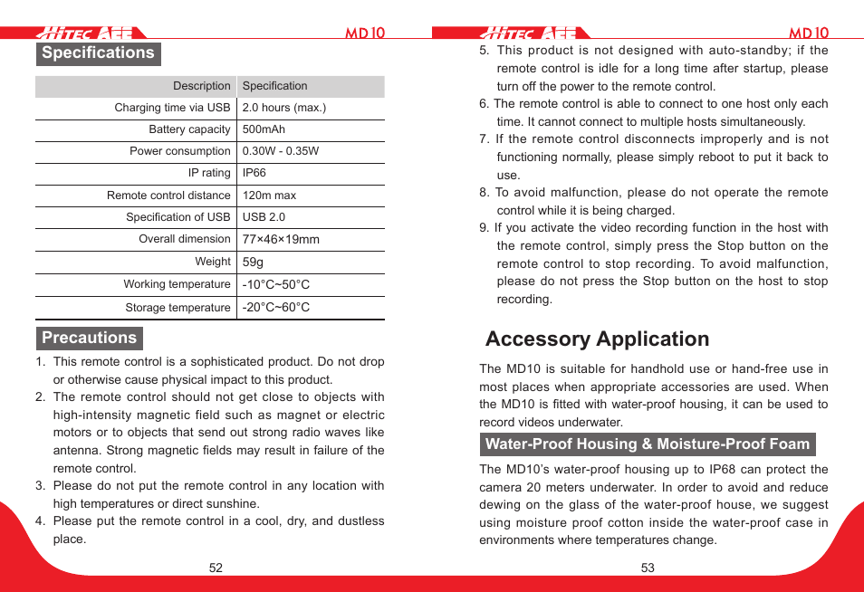 Accessory application, Specifications, Precautions | HITEC MD10 User Manual | Page 27 / 32