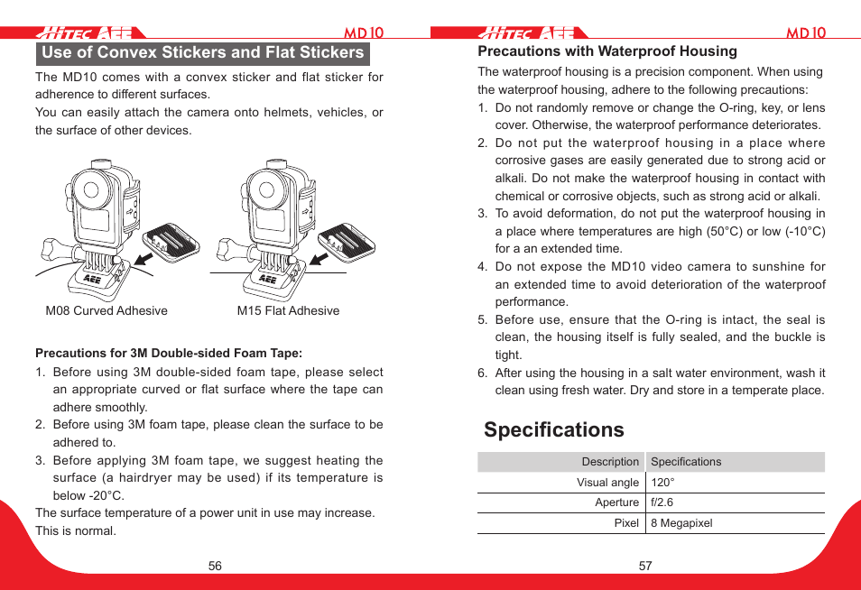 Specifications, Use of convex stickers and flat stickers | HITEC MD10 User Manual | Page 29 / 32