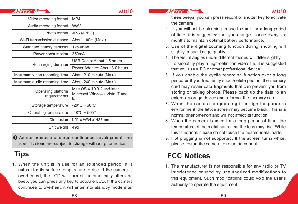 Tips, Fcc notices | HITEC MD10 User Manual | Page 30 / 32