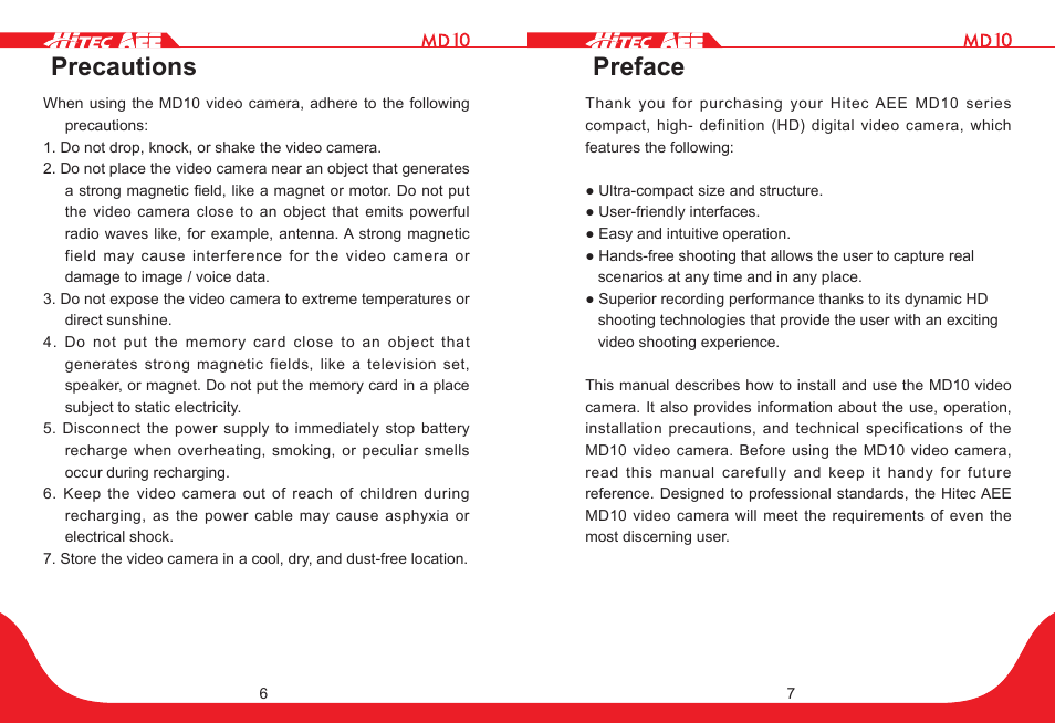 Preface, Precautions | HITEC MD10 User Manual | Page 4 / 32