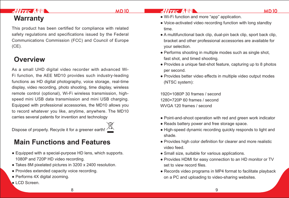 Warranty, Overview, Main functions and features | HITEC MD10 User Manual | Page 5 / 32