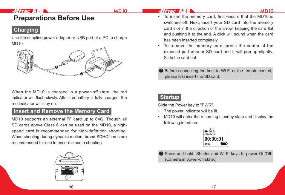 Preparations before use, Charging, Startup | HITEC MD10 User Manual | Page 9 / 32