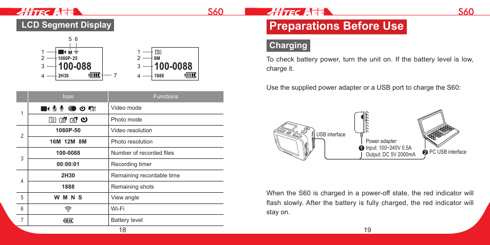 Preparations before use, Lcd segment display, Charging | HITEC S60 User Manual | Page 10 / 39