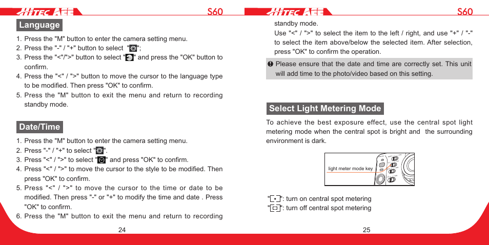 Language, Date/time, Select light metering mode | HITEC S60 User Manual | Page 13 / 39