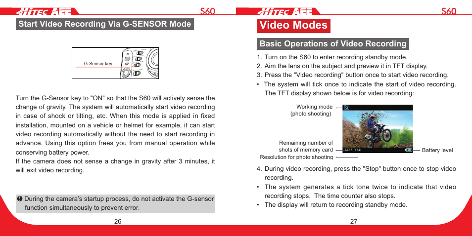Video modes, Start video recording via g-sensor mode, Basic operations of video recording | HITEC S60 User Manual | Page 14 / 39
