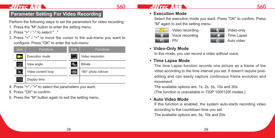 Parameter setting for video recording | HITEC S60 User Manual | Page 15 / 39