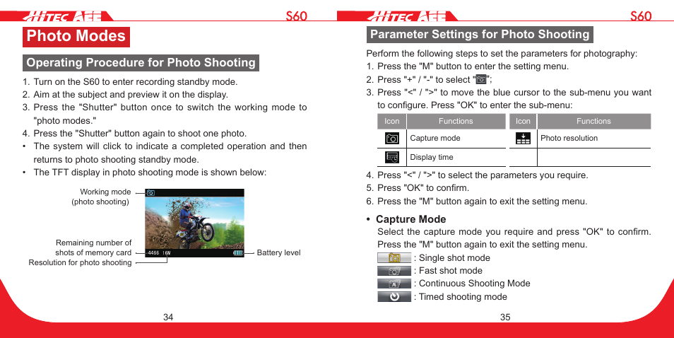 Photo modes, Operating procedure for photo shooting, Parameter settings for photo shooting | HITEC S60 User Manual | Page 18 / 39