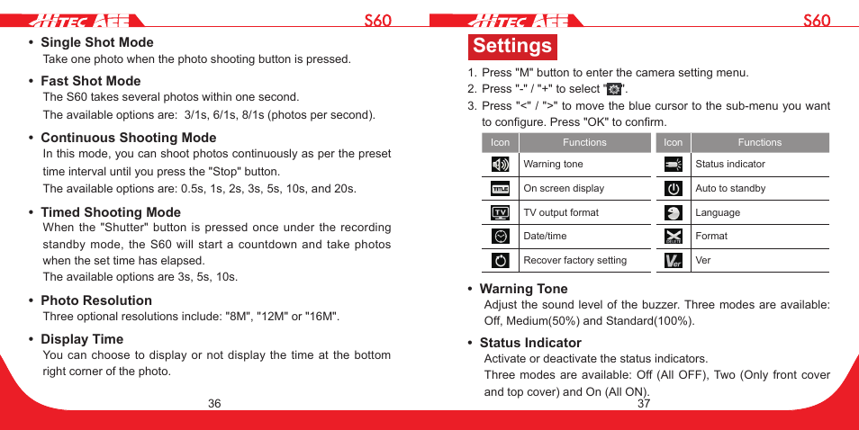 Settings | HITEC S60 User Manual | Page 19 / 39