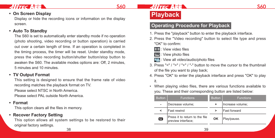 Playback, Operating procedure for playback | HITEC S60 User Manual | Page 20 / 39