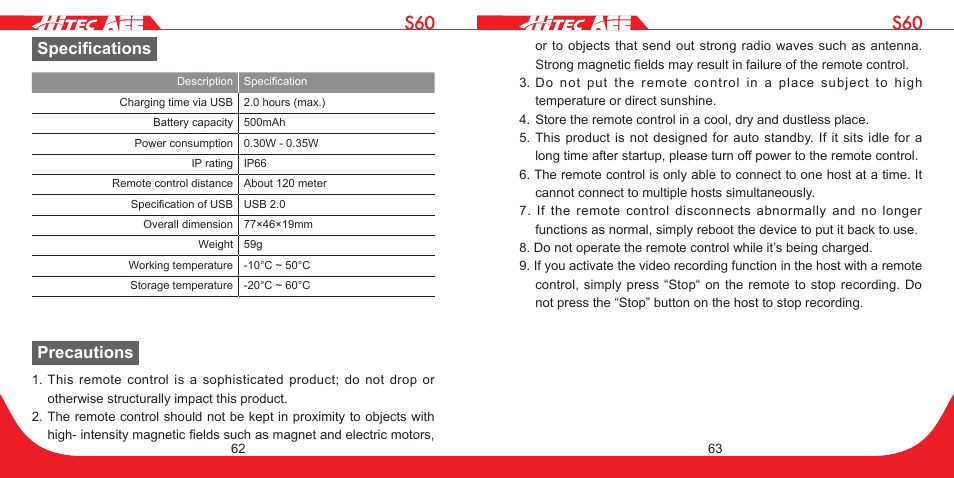 Specifications, Precautions | HITEC S60 User Manual | Page 32 / 39