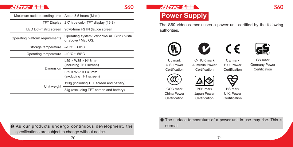 Power supply | HITEC S60 User Manual | Page 36 / 39