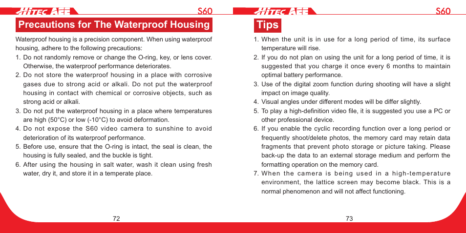 Tips, Precautions for the waterproof housing | HITEC S60 User Manual | Page 37 / 39