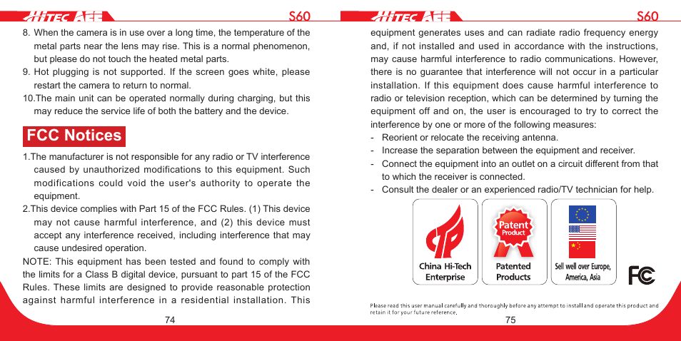 Fcc notices | HITEC S60 User Manual | Page 38 / 39
