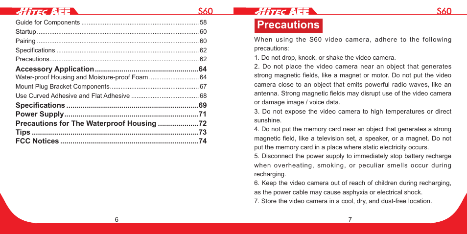 Precautions | HITEC S60 User Manual | Page 4 / 39