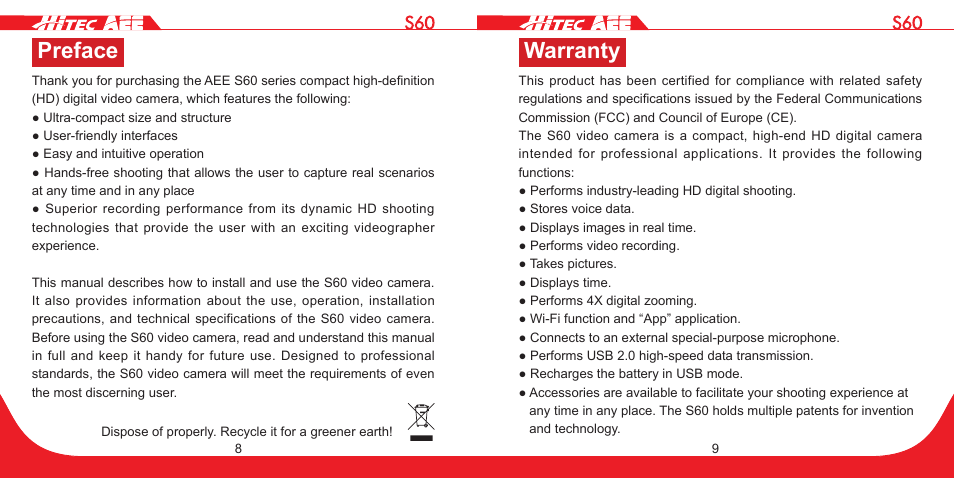 Preface, Warranty | HITEC S60 User Manual | Page 5 / 39