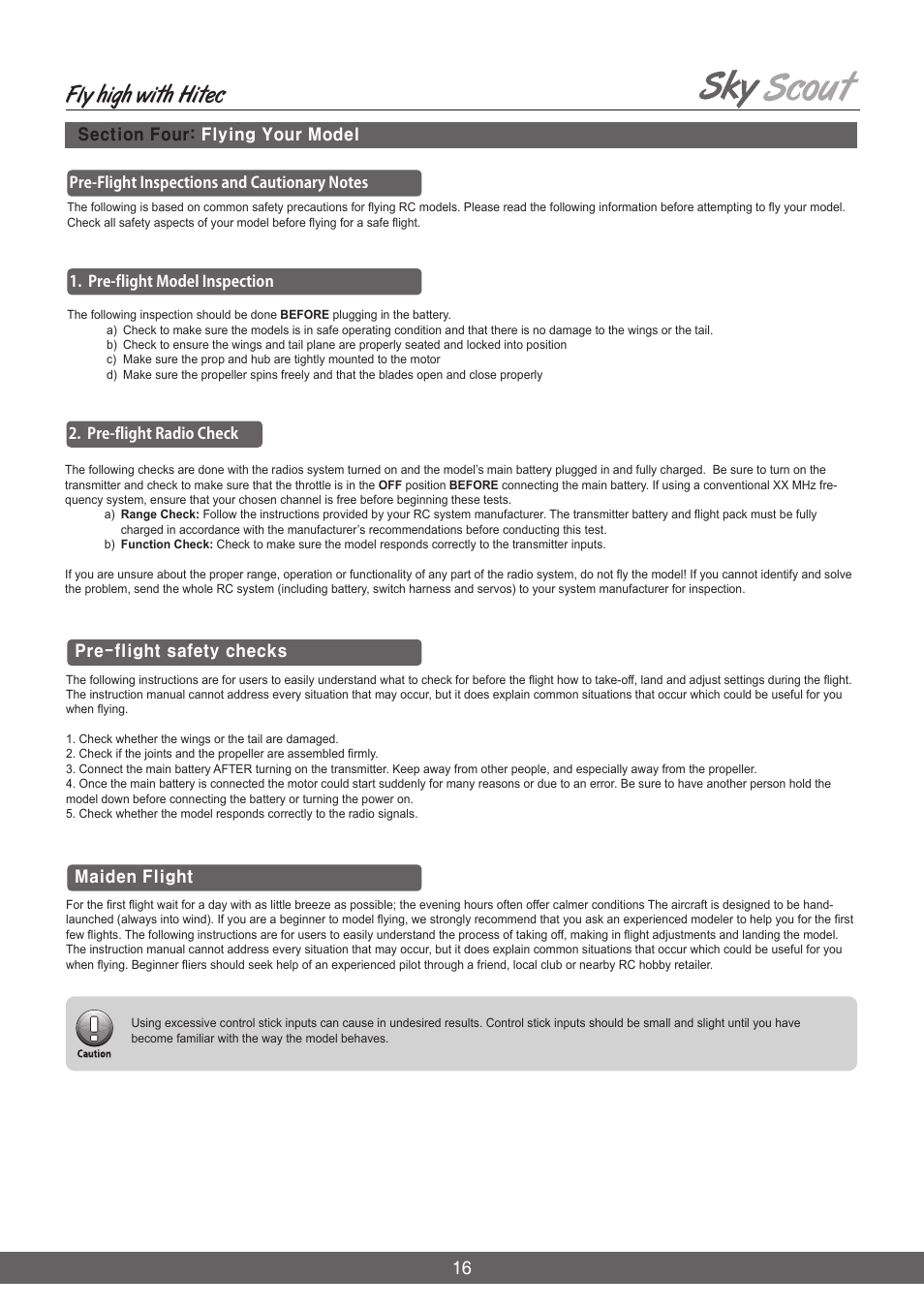 Fly high with hitec, Pre-flight safety checks | HITEC Sky Scout (KIT) User Manual | Page 16 / 28