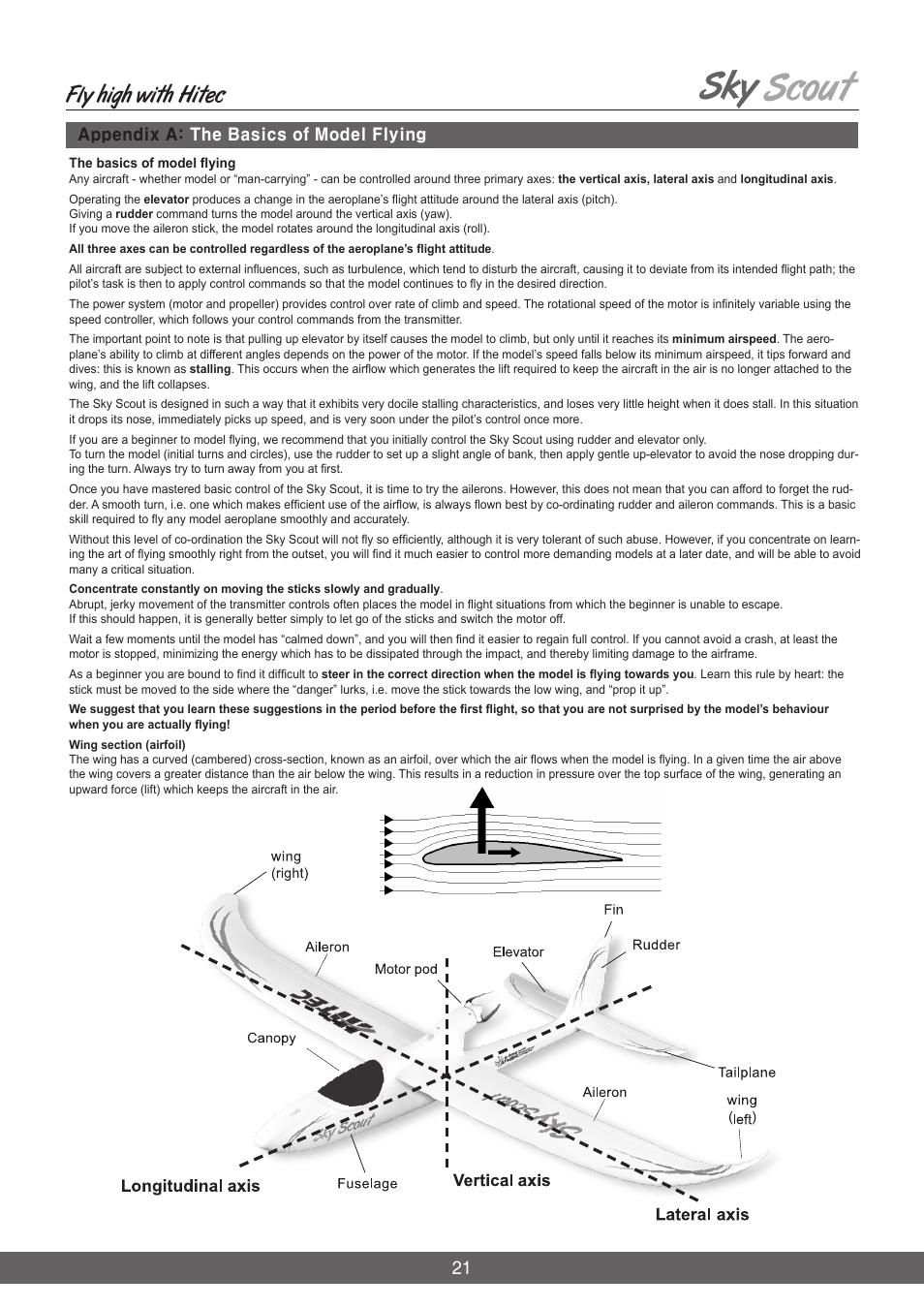 Fly high with hitec, Appendix a: the basics of model flying | HITEC Sky Scout (KIT) User Manual | Page 21 / 28