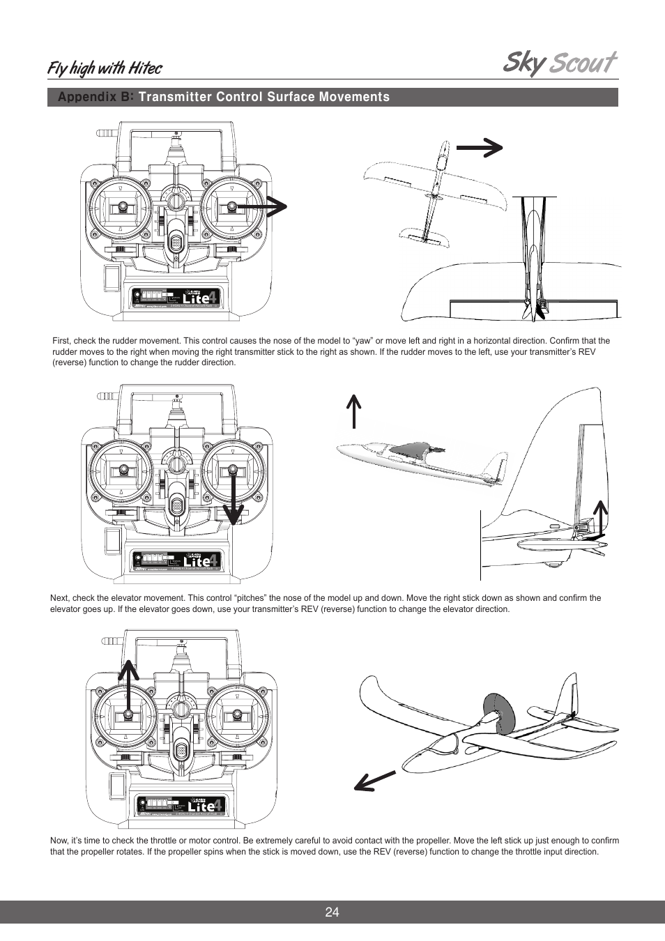 Fly high with hitec, Appendix b: transmitter control surface movements | HITEC Sky Scout (KIT) User Manual | Page 24 / 28