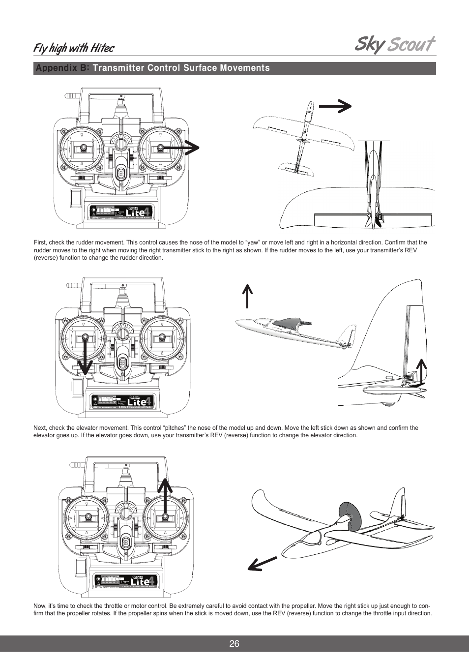 Fly high with hitec, Appendix b: transmitter control surface movements | HITEC Sky Scout (2GO) User Manual | Page 26 / 32