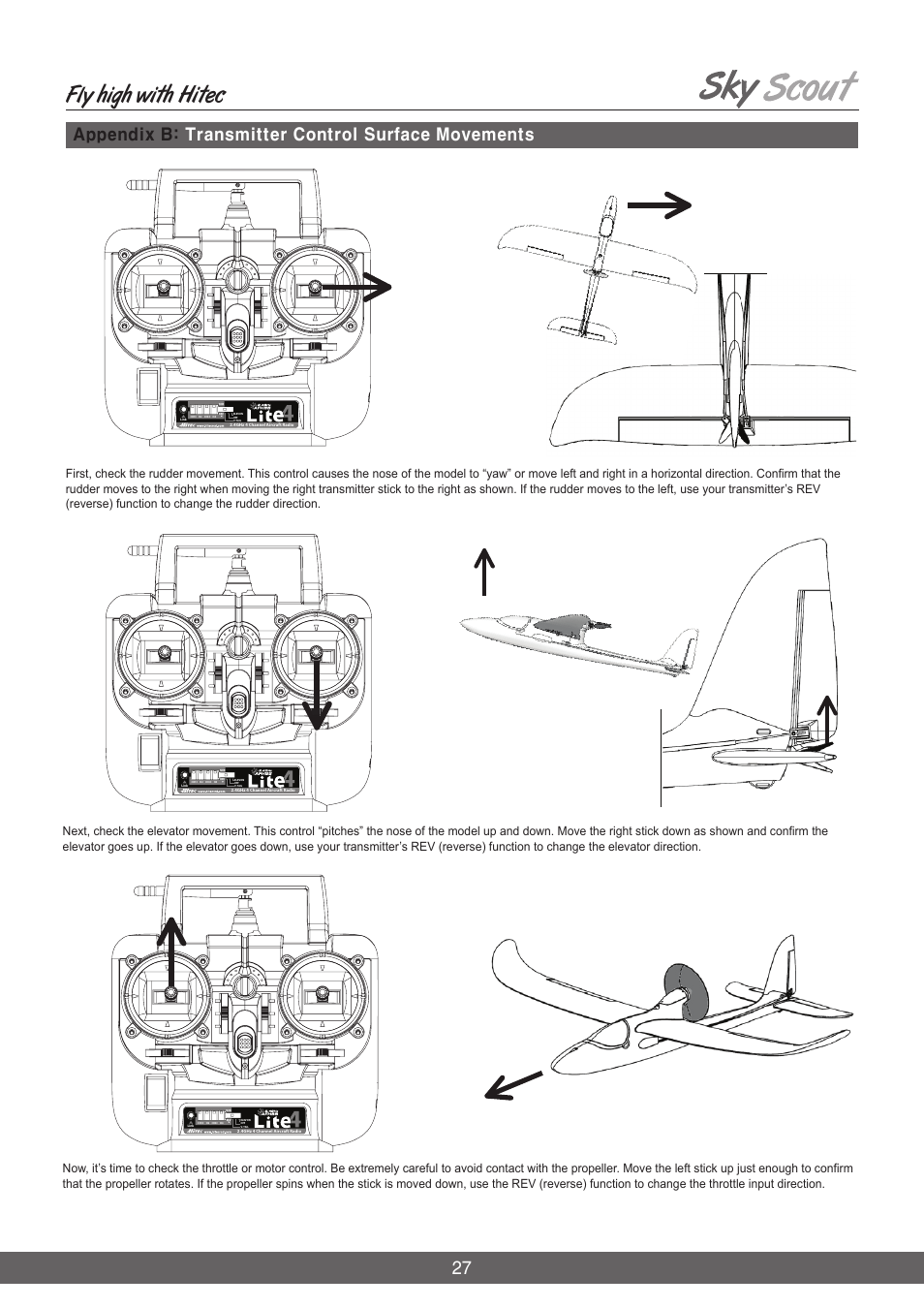 Fly high with hitec, Appendix b: transmitter control surface movements | HITEC Sky Scout (2GO) User Manual | Page 27 / 32
