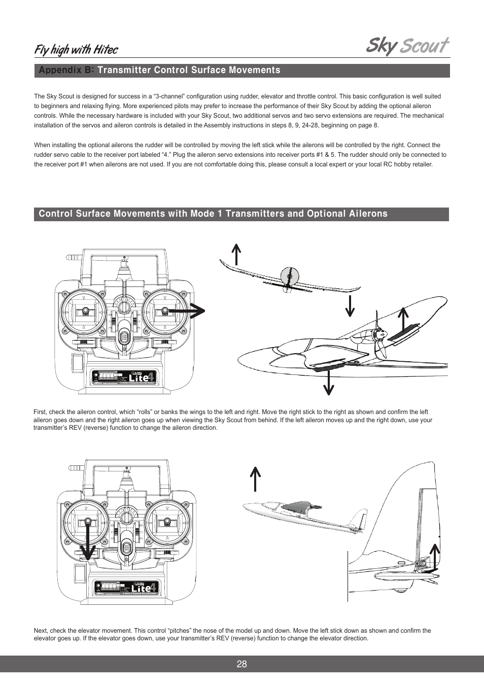 Fly high with hitec, Appendix b: transmitter control surface movements | HITEC Sky Scout (2GO) User Manual | Page 28 / 32