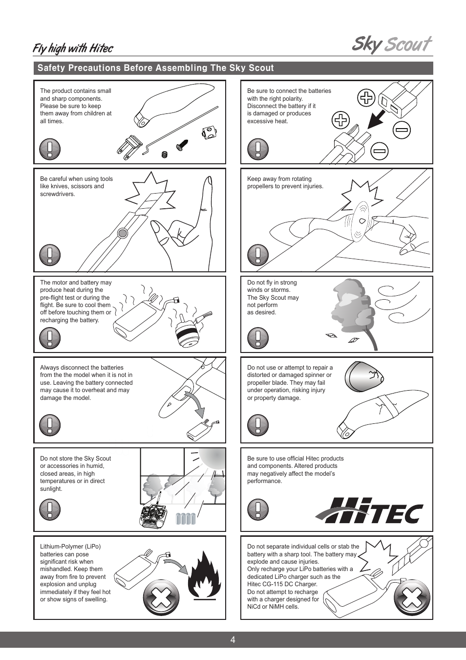 Fly high with hitec, Safety precautions before assembling the sky scout | HITEC Sky Scout (2GO) User Manual | Page 4 / 32
