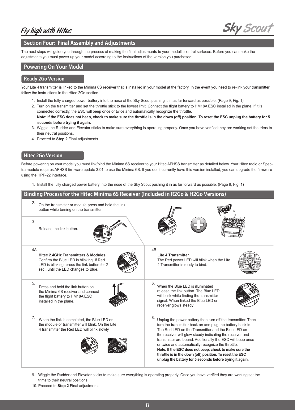 Fly high with hitec, Powering on your model, Ready 2go version hitec 2go version | HITEC Sky Scout (2GO) User Manual | Page 8 / 32