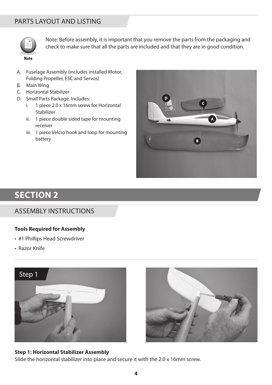 Step 1, Assembly instructions, Parts layout and listing | HITEC eHawkeye User Manual | Page 4 / 8