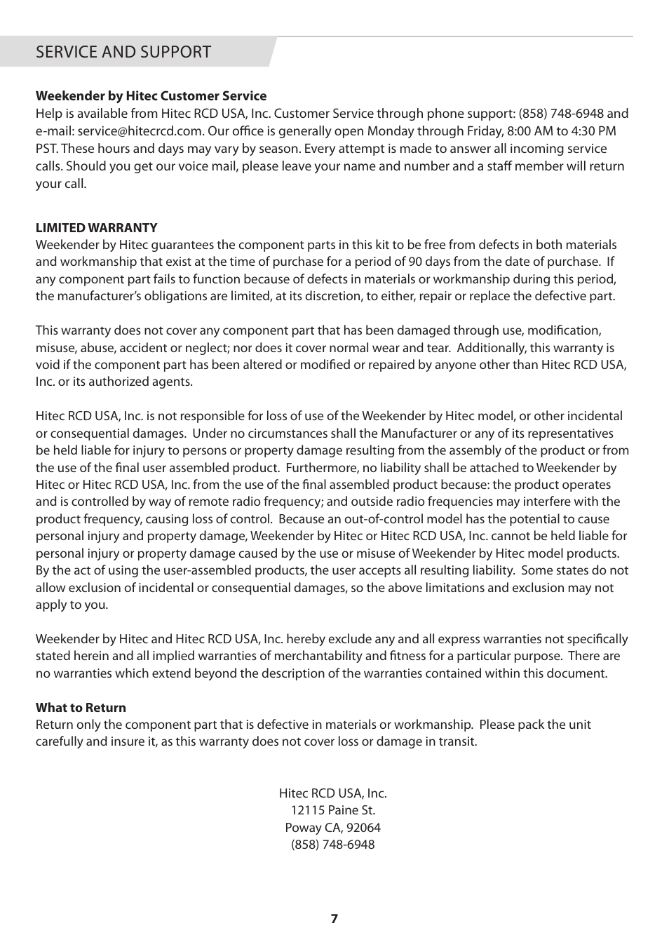 Service and support | HITEC eHawkeye User Manual | Page 7 / 8