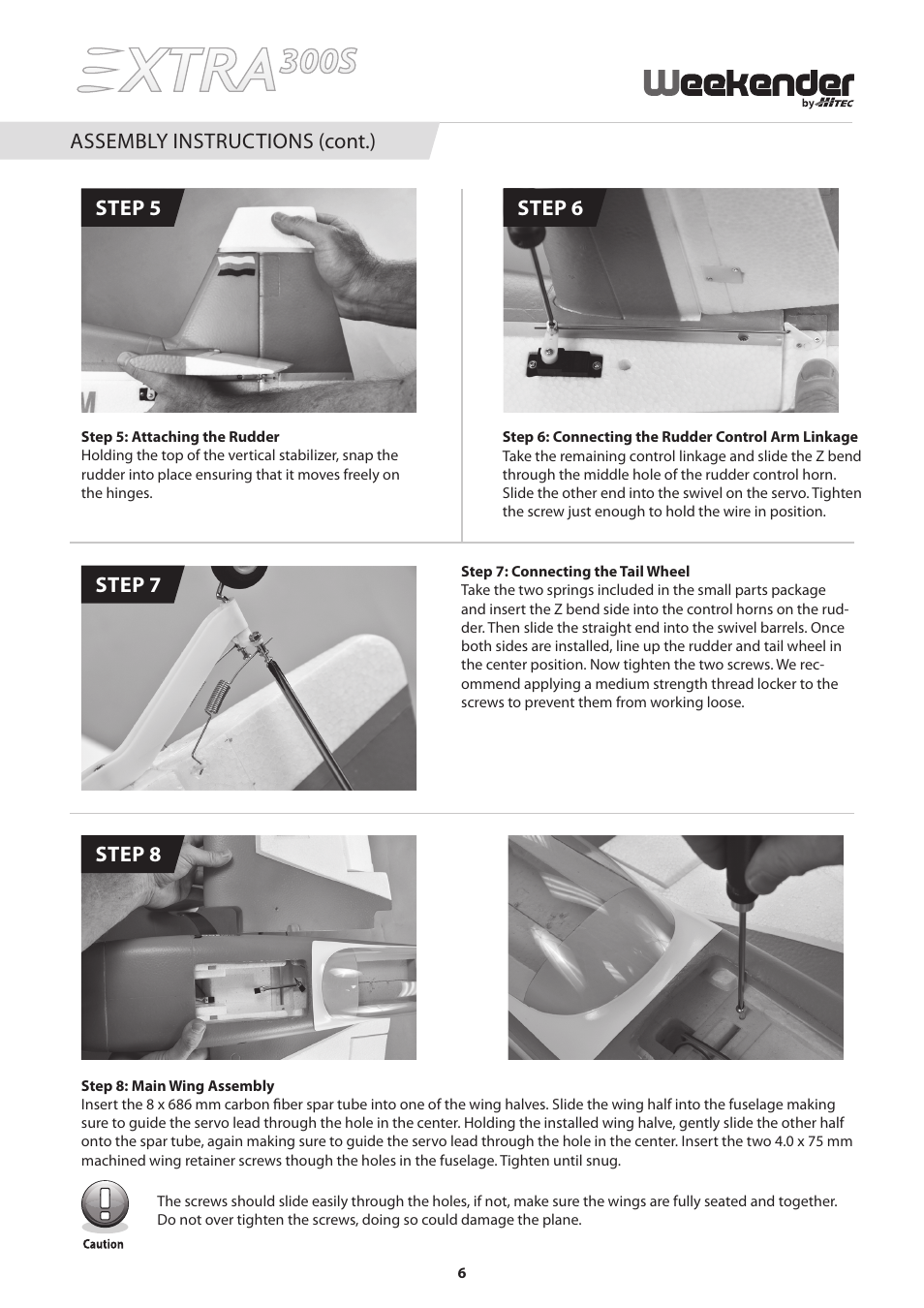 Step 6, Step 5, Step 7 step 8 assembly instructions (cont.) | HITEC Extra 300S User Manual | Page 6 / 12