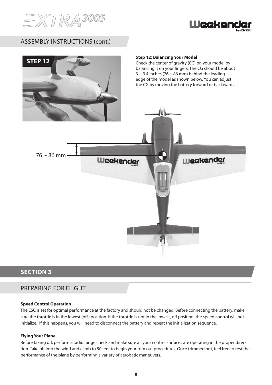 Preparing for flight, Step 12, Assembly instructions (cont.) | HITEC Extra 300S User Manual | Page 8 / 12