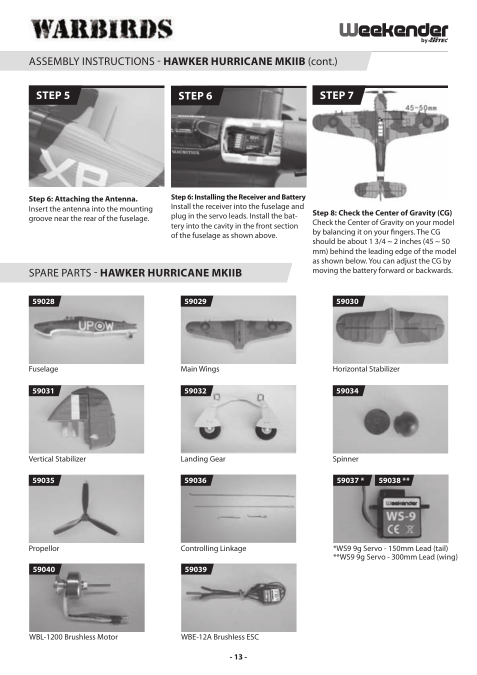 Step 5, Step 7, Spare parts - hawker hurricane mkiib | Step 6 | HITEC P-51 Mustang User Manual | Page 13 / 16