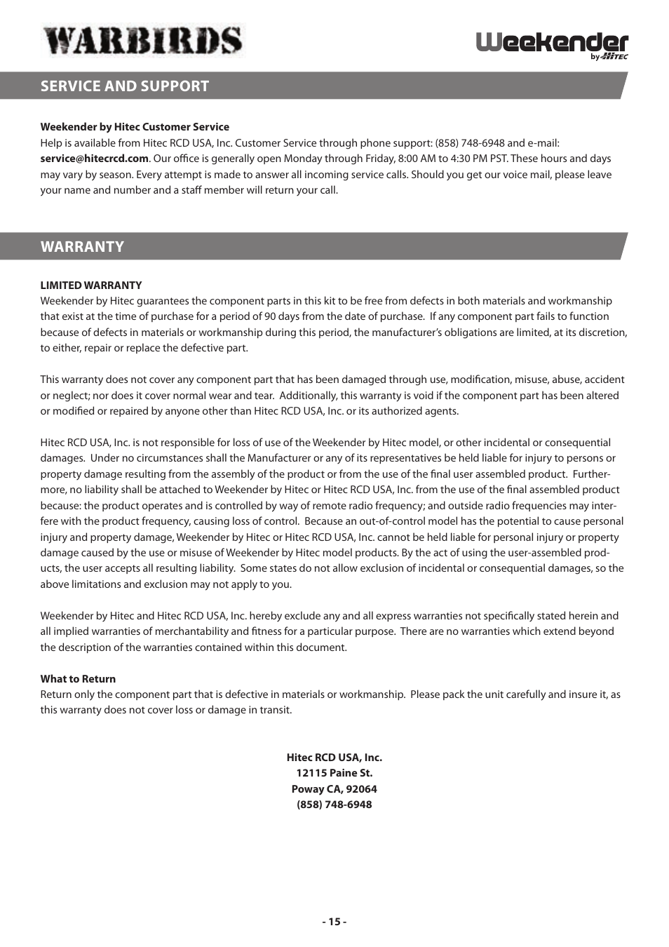 Service and support warranty | HITEC P-51 Mustang User Manual | Page 15 / 16