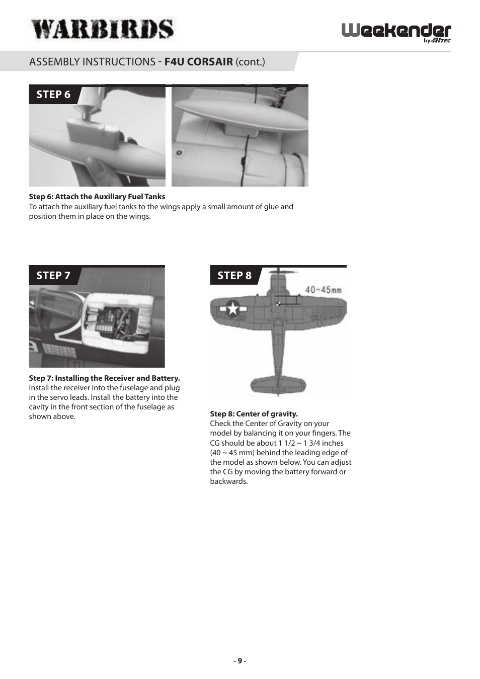 Assembly instructions - f4u corsair (cont.), Step 7, Step 6 | Step 8 | HITEC P-51 Mustang User Manual | Page 9 / 16