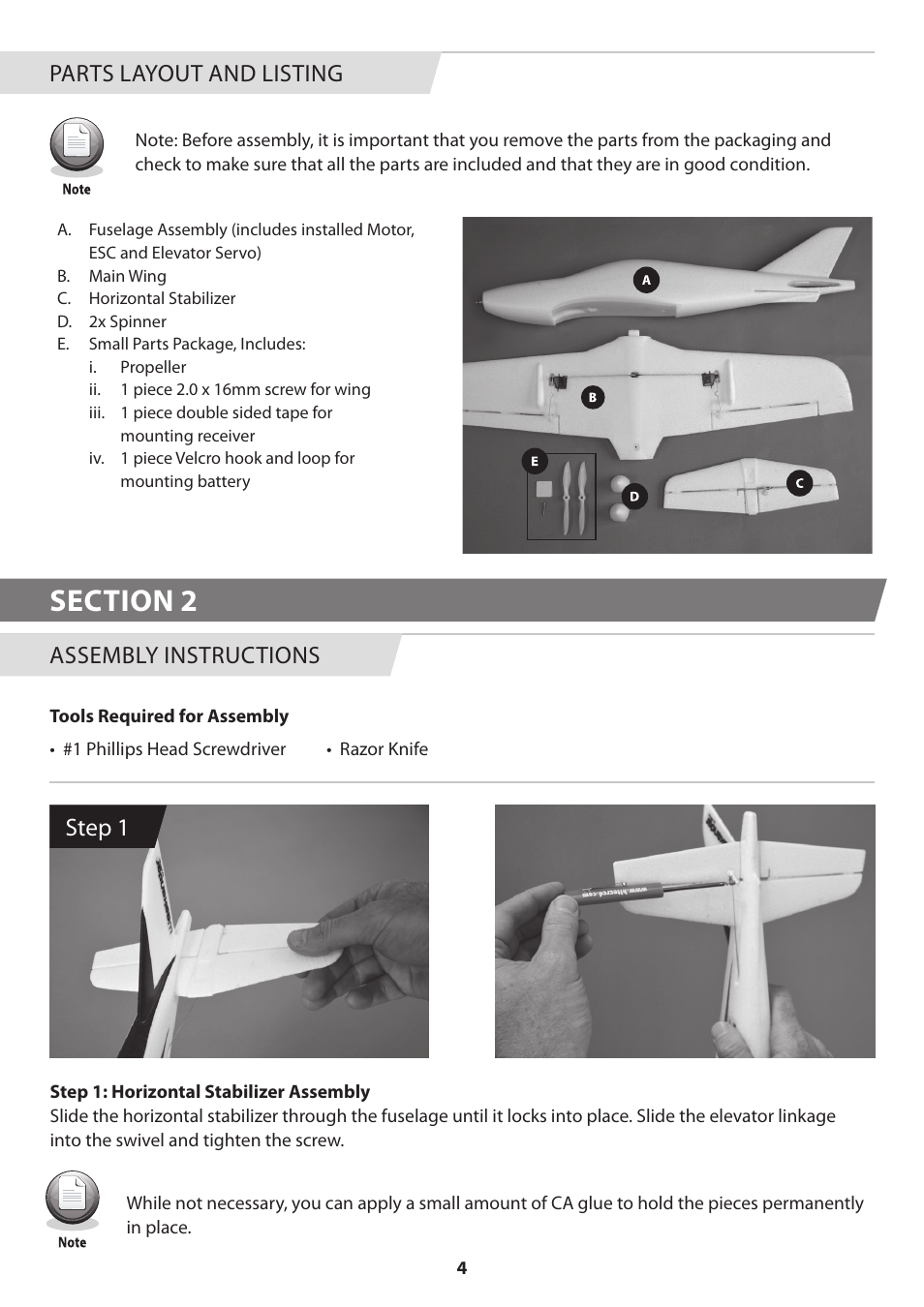 Step 1, Assembly instructions, Parts layout and listing | HITEC Zipper User Manual | Page 4 / 8