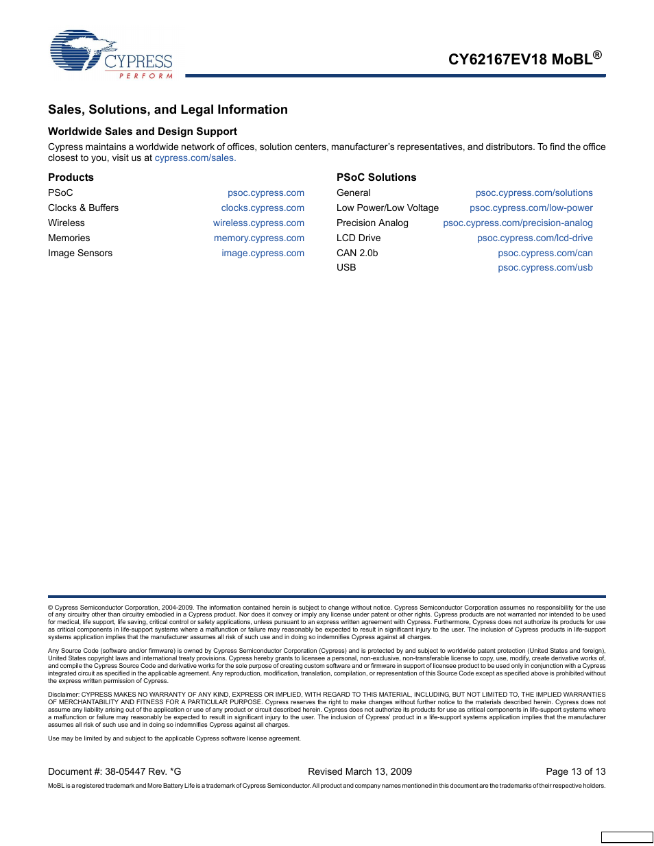 Sales, solutions, and legal information | Cypress CY62167EV18 User Manual | Page 13 / 13