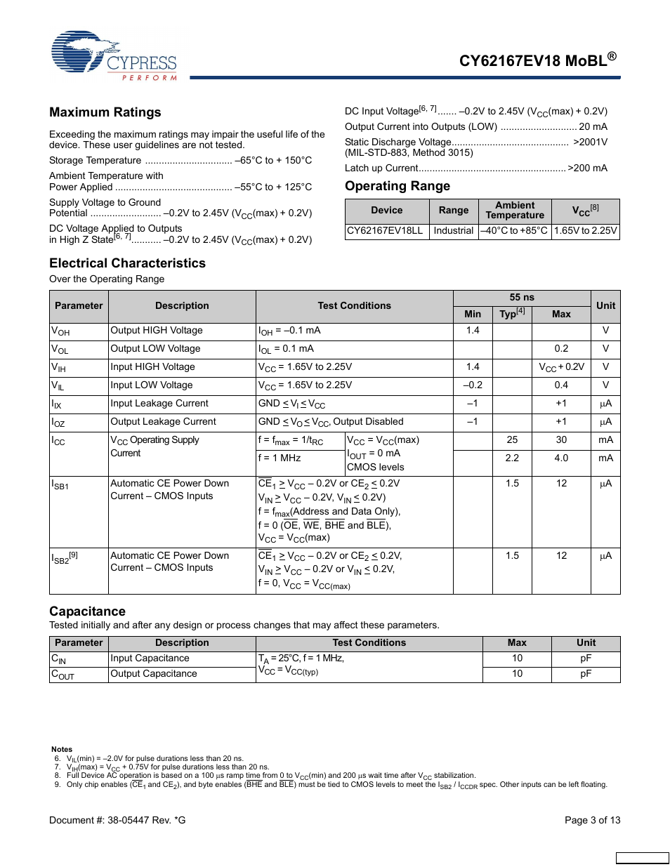 Maximum ratings, Operating range, Electrical characteristics | Capacitance | Cypress CY62167EV18 User Manual | Page 3 / 13