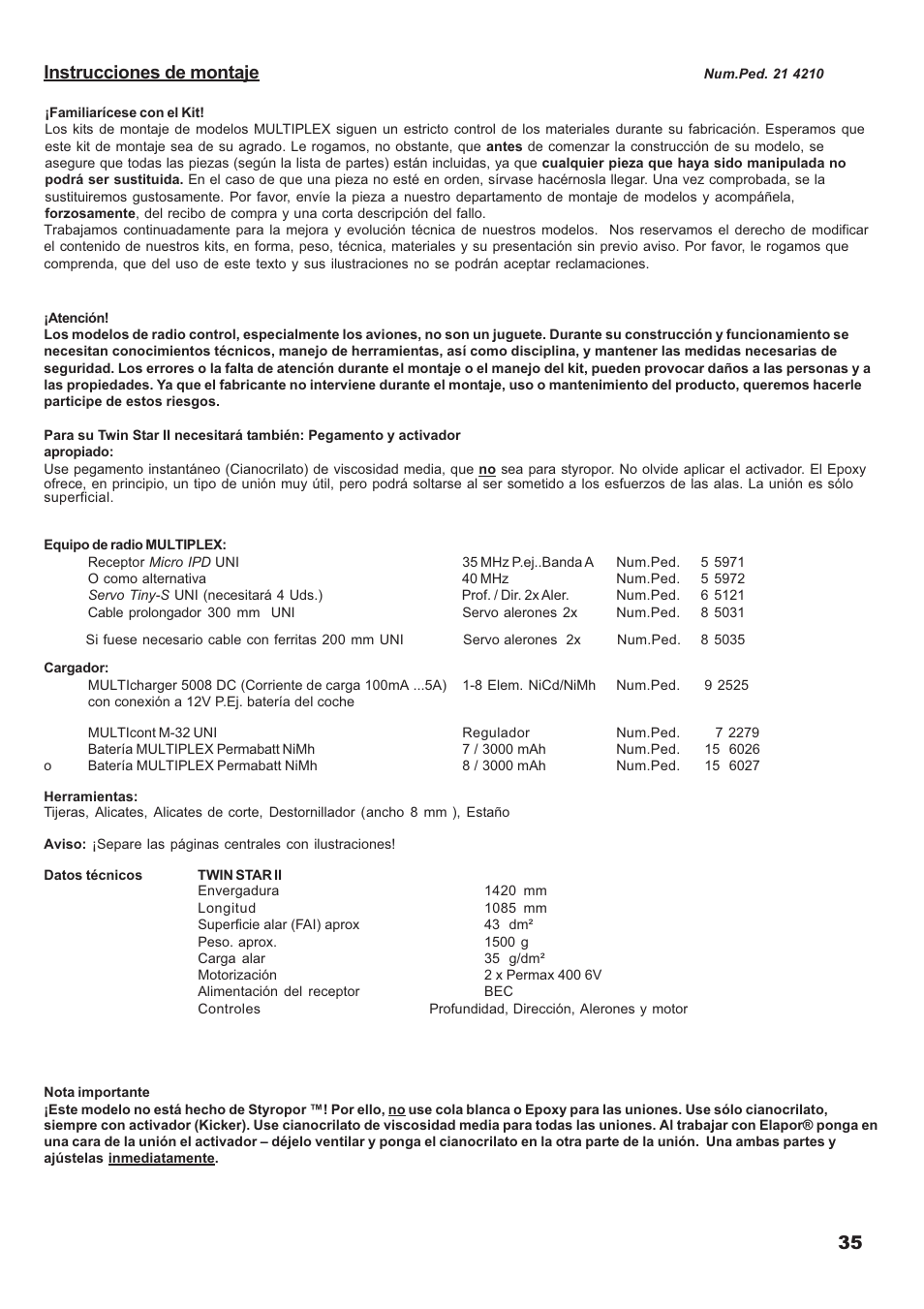 35 instrucciones de montaje | HITEC Twin Star II User Manual | Page 35 / 40